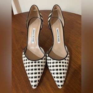 Manolo Blahnik Black and White Woven Pointed D'Orsay Pumps